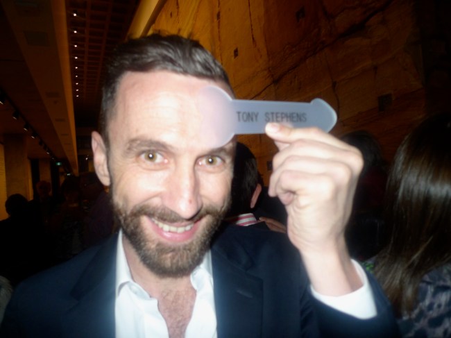 Tony Stephens, awake, with his nametag from lunch